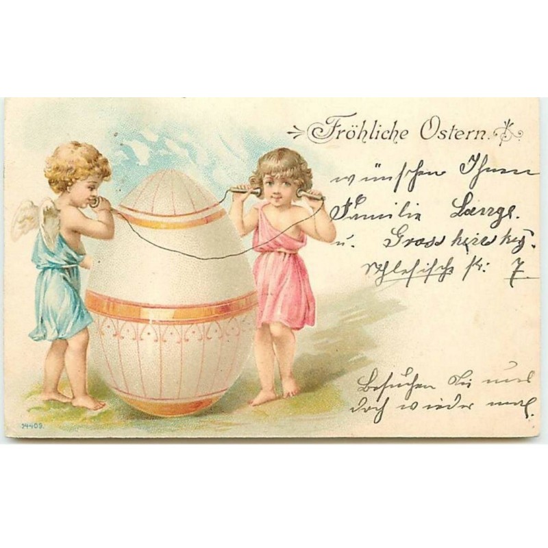 n°9869 - Carte Fantaisie - Fröhliche Ostern - Angelots et oeuf