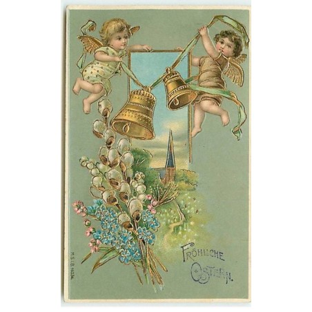 n°9871 - Carte Fantaisie Gaufrée - Fröhliche Ostern - Angelots et cloche