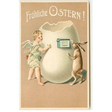 n°9872 - Carte Fantaisie Gaufrée - Fröhliche Ostern - Angelot et lapin postant une lettre