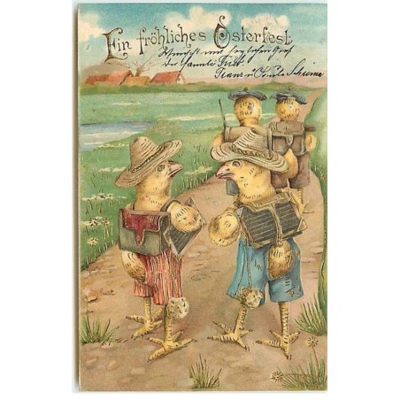n°9873 - Carte Fantaisie Gaufrée - Ein fröhliches Osterfest - Poussins humanisés allant à l'école