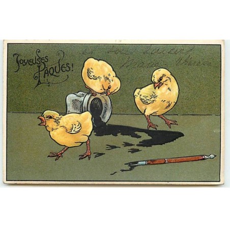 n°9879 - Carte Fantaisie Gaufrée - Joyeuses Pâques - Poussins et encrier