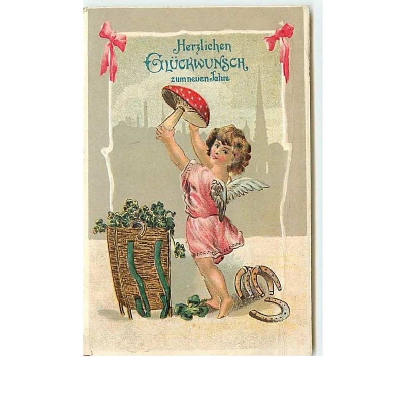 n°12520 - Carte Gaufrée - Herzlichen Glückwunsch zum neuen Jahre - Ange avec des fers à cheval, et des trèfles