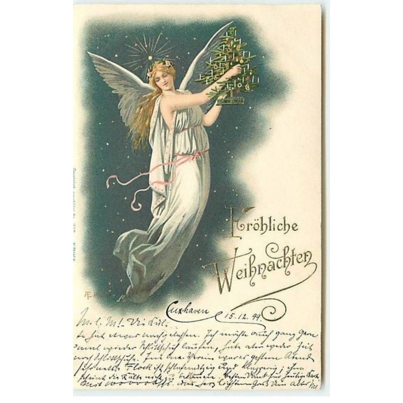 n°9895 - Carte Fantaisie - Fröhliche Weihnachten - Ange Gardien tenant un sapin