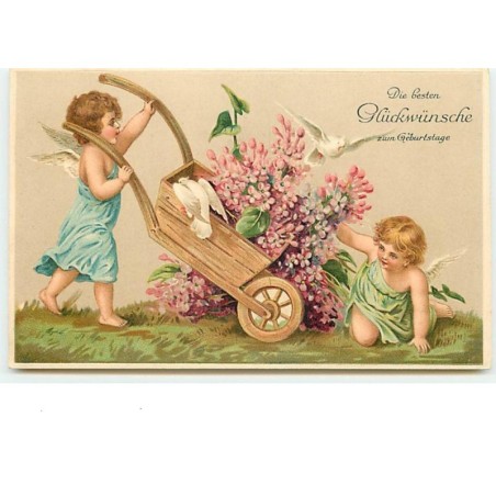 n°12521 - Carte Gaufrée - Die bester Glückwünsche zum Geburtstage - Anges poussant une brouette remplie de fleurs