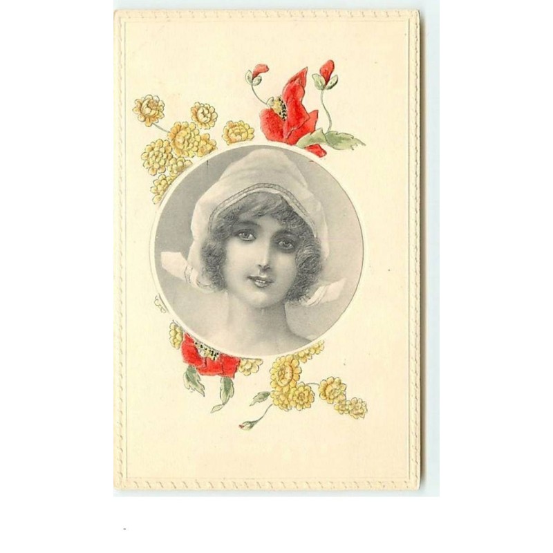 n°9913 - Carte Fantaisie - Portrait de Femme dans un Médaillon - Coquelicot