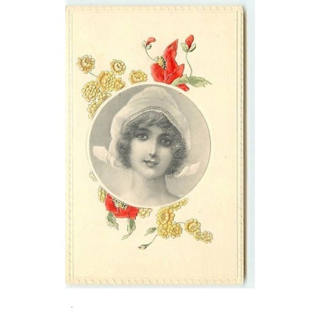 n°9913 - Carte Fantaisie - Portrait de Femme dans un Médaillon - Coquelicot
