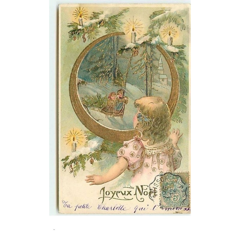 n°9928 - Carte Fantaisie Gaufrée - Joyeux Noël - Fillette regardant dan sun médaillon
