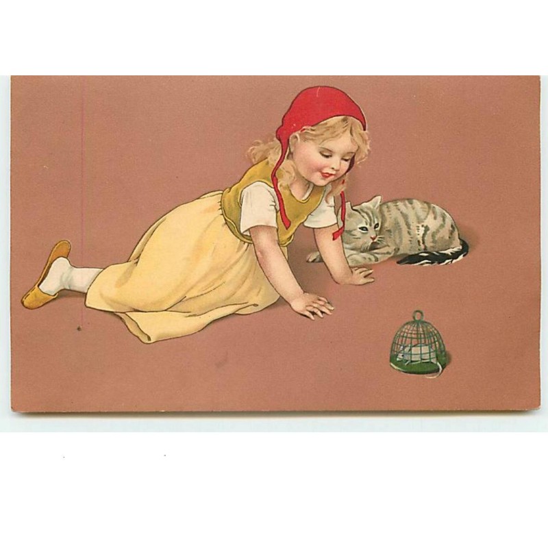 n°9945 - Carte Fantaisie - Fillette avec un chat - Style Flatscher - souris - Meissner serie 1718