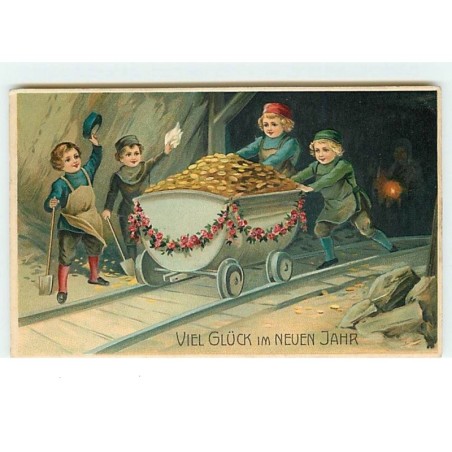 n°9971 - Carte Fantaisie Gaufrée - Viel Gluck im neuen Jahre - Enfants avec un wagon de pièces d'or