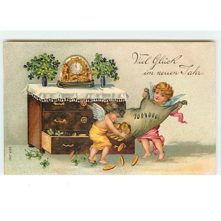 n°9975 - Carte Fantaisie Gaufrée - Viel Gluck im neuen Jahre - Angelots mettant des Pièces d'or dans une commode