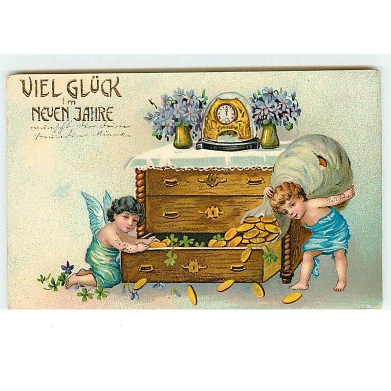 n°9976 - Carte Fantaisie - Viel Gluck im neuen Jahre - Angelots mettant des Pièces d'or dans une commode