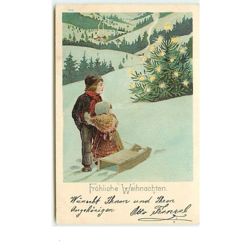 n°9980 - Carte Fantaisie - Fröhliche Weihnachten - Enfants et luge