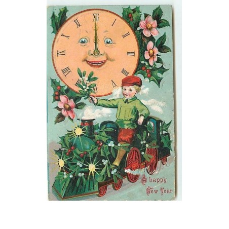 n°12525 - Carte Gaufrée - A Happy New Year - Garçon conduisant une locomotive sous une pendule