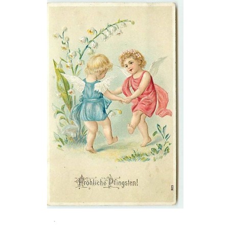 n°9999 - Carte Fantaisie Gaufrée - Fröhliche Pfingsten - Angelots et Muguet
