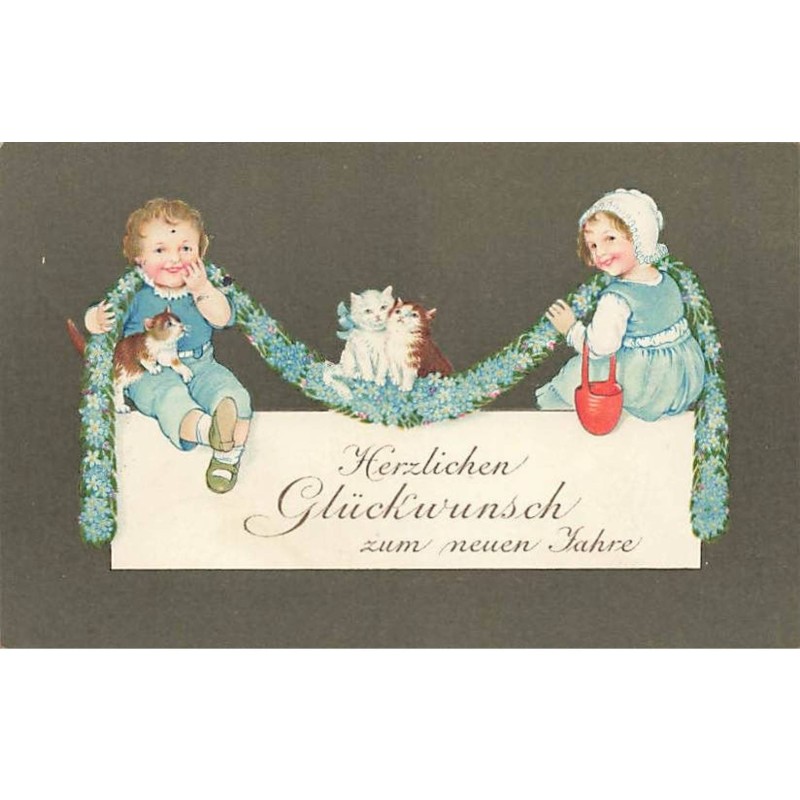 Nouvel An - Flatscher - Enfants avec une guirlande de Myosotis - Chat