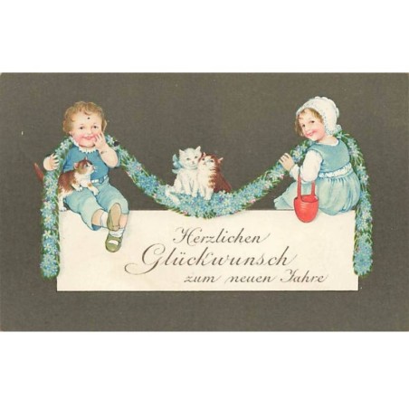 Nouvel An - Flatscher - Enfants avec une guirlande de Myosotis - Chat