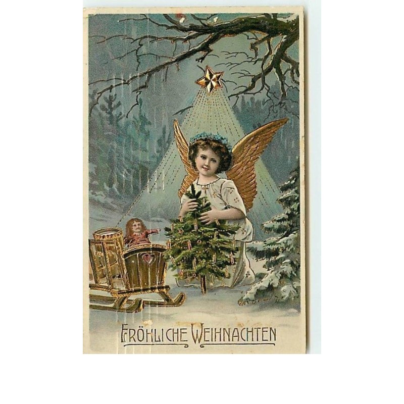 n°12531 - Fröhliche Weihnachten - Ange apportant un sapin et des cadeaux