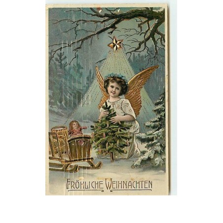 n°12531 - Fröhliche Weihnachten - Ange apportant un sapin et des cadeaux
