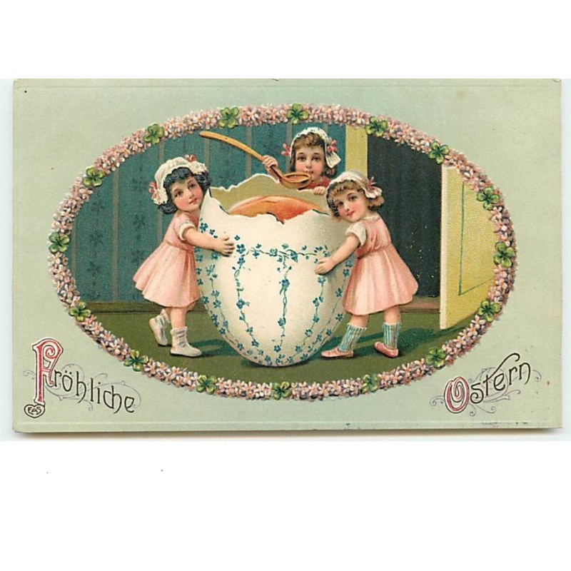 n°12535 - Carte Gaufrée - Fröhliche Ostern - Fillettes mangeant un gros oeuf à la coque