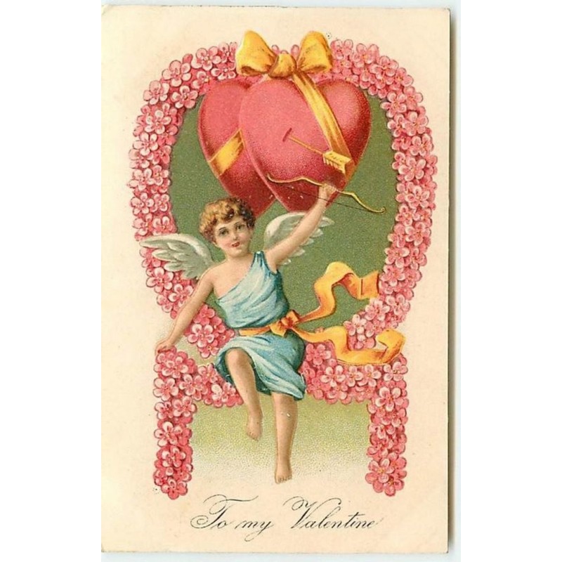 n°12540 - Carte Gaufrée - To my Valentine - Cupidon sous une arche de coeurs