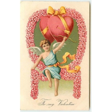 n°12540 - Carte Gaufrée - To my Valentine - Cupidon sous une arche de coeurs