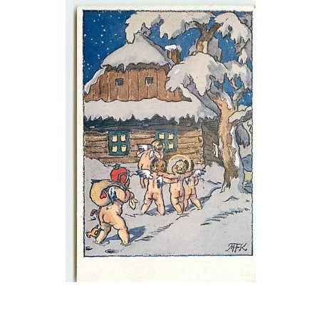 n°12564 - Marie Fischerova-Kvechova - Anges marchant dans la neige près d'une maison