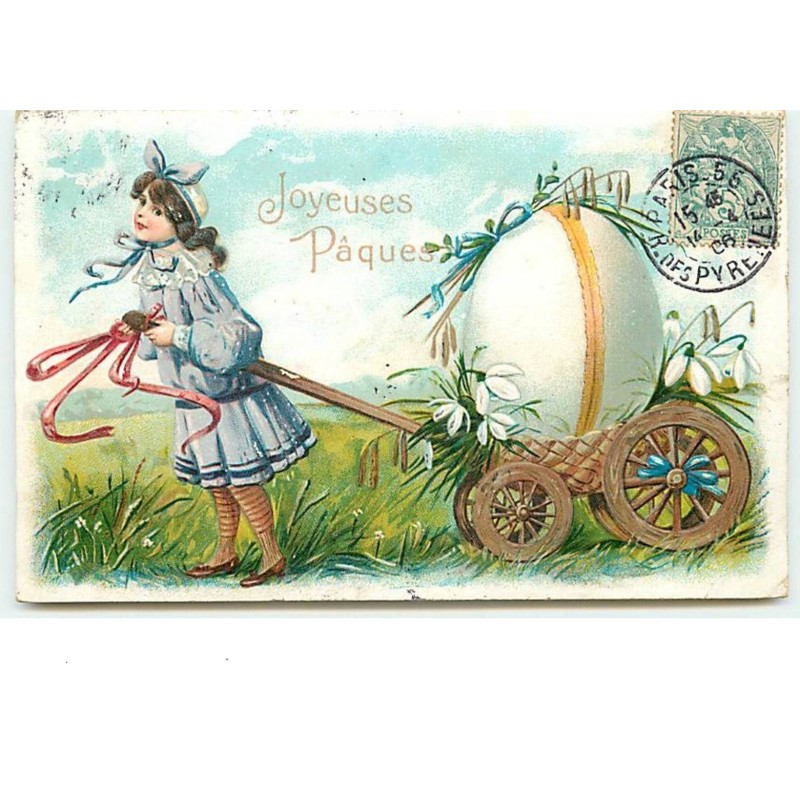 n°12575 - Carte Gaufrée -Joyeuses Pâques - Fillette tirant une brouette avec un oeuf dessus