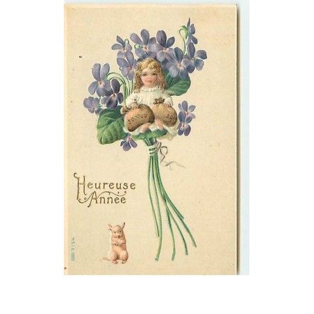 n°12577 - Carte Gaufrée - Heureuse Année - Fillette dans un bouquet de fleurs portant des sacs de pièces d'or, cochon