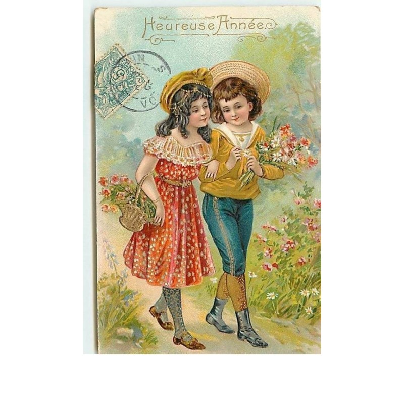 n°12578 - Carte Gaufrée - Heureuse Année - Un jeune couple se promenant
