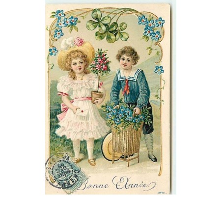 n°12579 - Carte Gaufrée - Bonne Année - Jeune fille et garçon apportant des fleurs