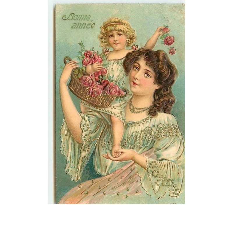 n°12582 - Carte Gaufrée - Bonne Année - Jeune femme et une fillette sur l'épaule