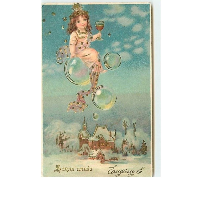 n°12583 - Carte Gaufrée - Bonne Année - Fillette sur une bulle et buvant