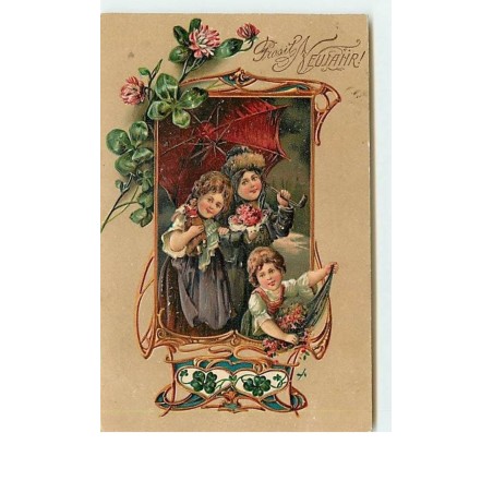 n°12584 - Carte Gaufrée - Prosit Neujahr - Jeunes filles apportant des fleurs