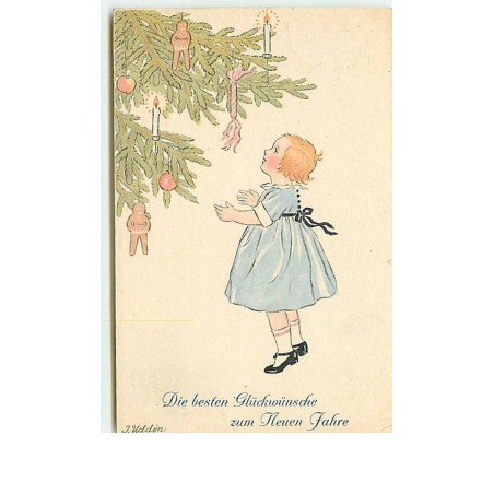n°12587 - J. Udden - Die besten Glückwünsche zum Neuen Jahre - Fillette regardant un sapin