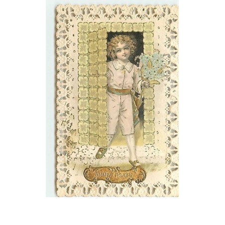 n°12600 - Carte Gaufrée et dentelée - Anniversaire - Garçon apportant des fleurs