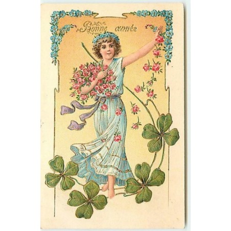 n°12606 - Carte Gaufrée - Bonne Année - Jeune fille avec des fleurs
