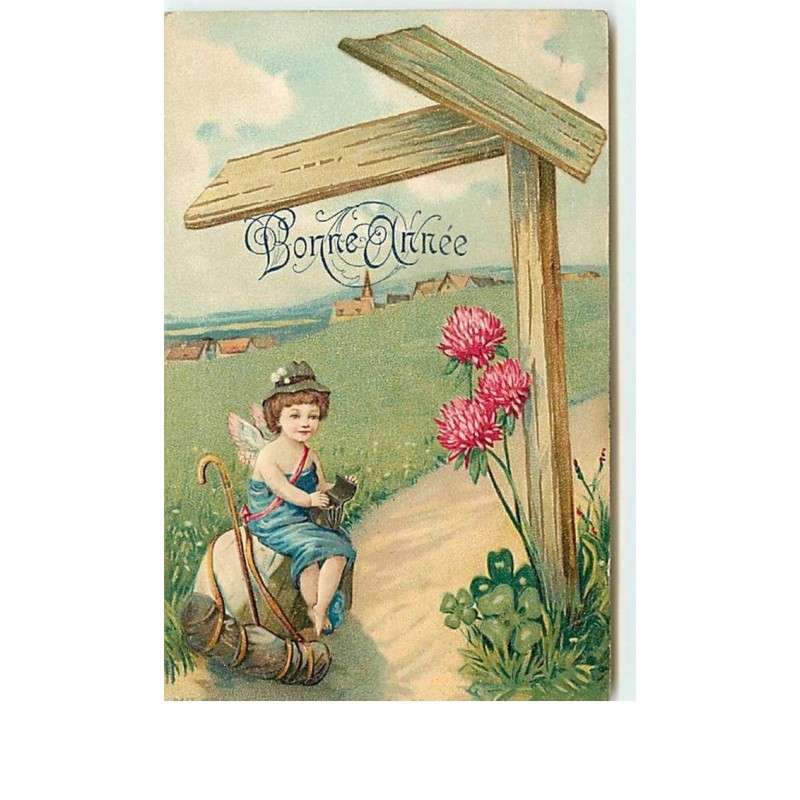 n°12607 - Carte Gaufrée - Bonne Année - Ange habillé en randonneur assis