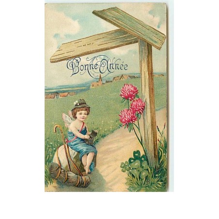 n°12607 - Carte Gaufrée - Bonne Année - Ange habillé en randonneur assis