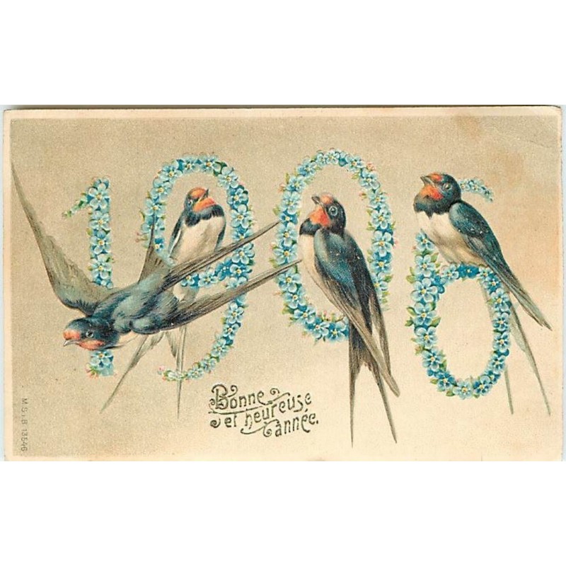 n°12608 - Carte Gaufrée - Bonne et Heureuse Année - Hirondelles 1906