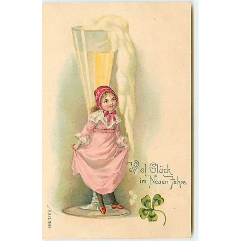 n°12611 - Carte Gaufrée - Viel Glück im Neuen Jahre - Fillette adossée à une flute de champagne