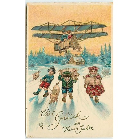 n°12612 - Viel Glück im Neuen Jahre - Enfants courrant avec des cochons, et d'autres dans un avion