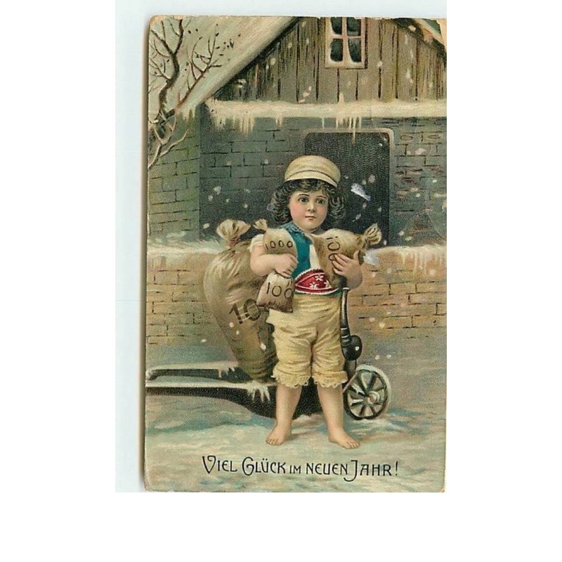 n°12613 - Viel Glück im Neuen Jahre - Enfant portant des sacs de pièces d'or