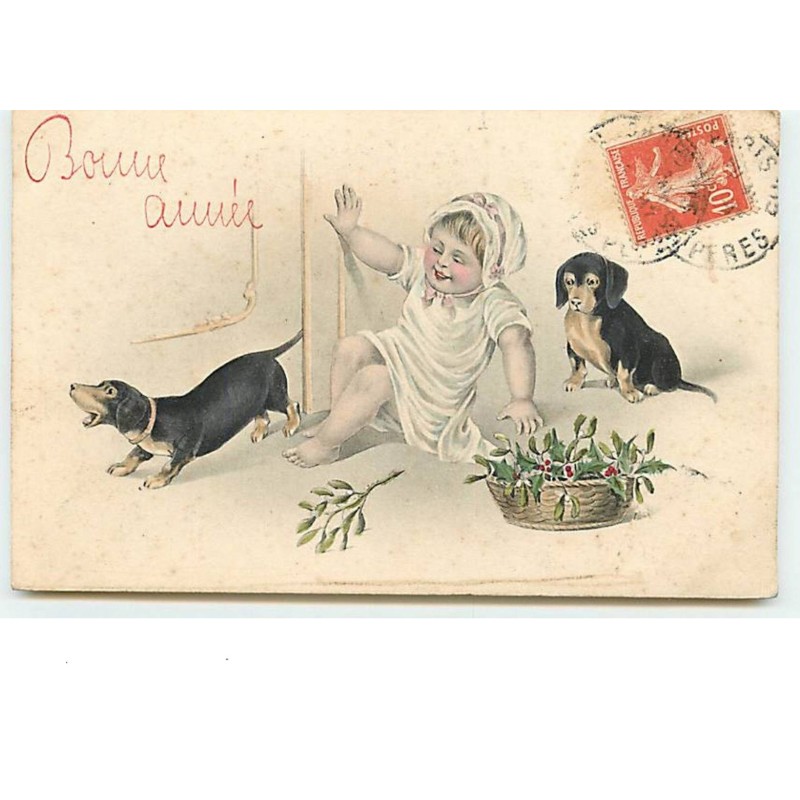 n°12617 - Bonne Année - Bébé jouant avec des teckels