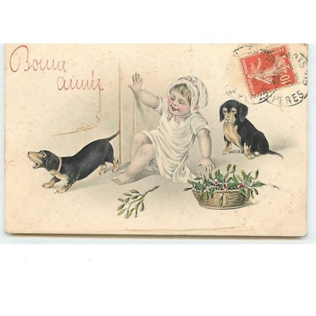 n°12617 - Bonne Année - Bébé jouant avec des teckels