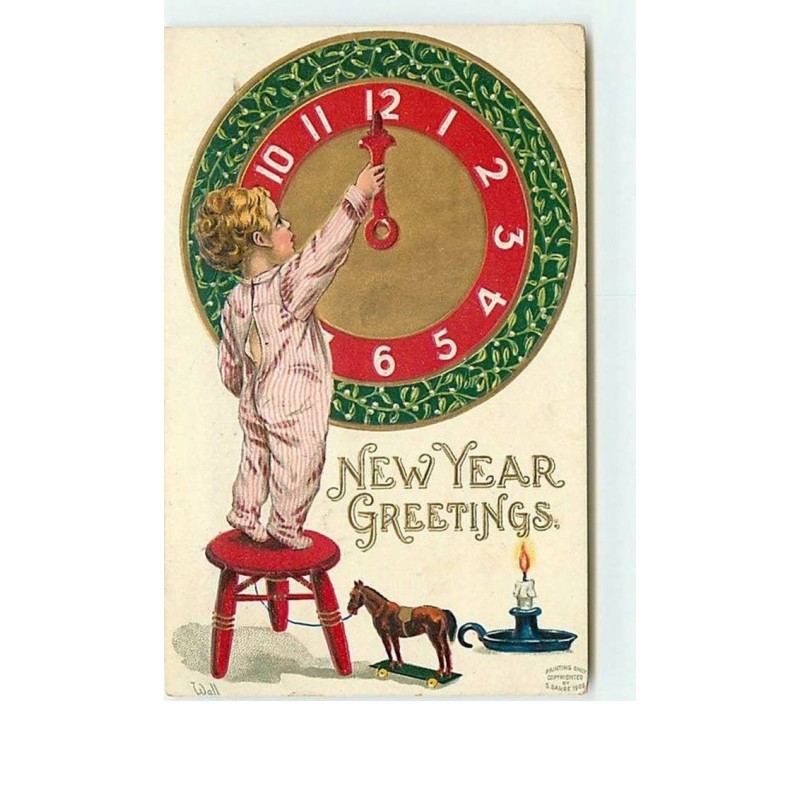 n°12618 - Carte Gaufrée - New Year Greetings - Bébé réglant une pendule