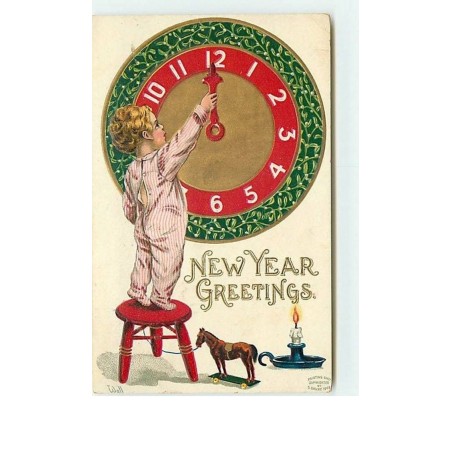 n°12618 - Carte Gaufrée - New Year Greetings - Bébé réglant une pendule