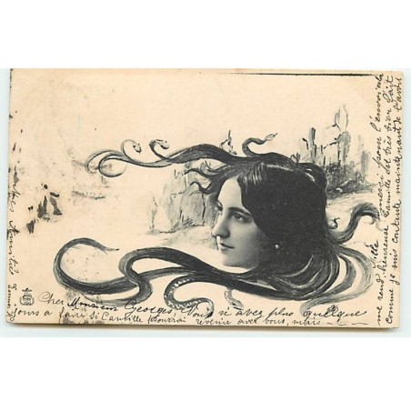 n°20458 - Fantaisie - Art Nouveau - Portrait d'une femme avec des serpents sur la tête - surréalisme