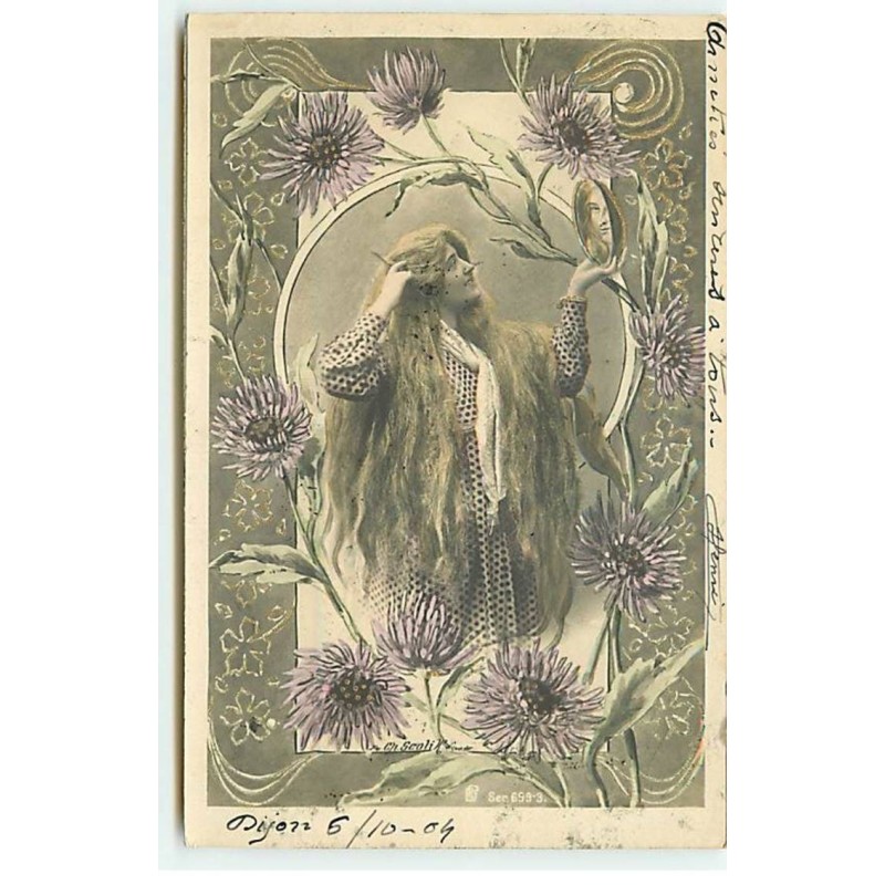 n°20460 - Fantaisie - Ch. Scolik - Femme s'admirant dans un petit miroir au milieu de chardons - surréalisme