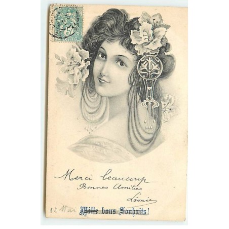 n°20462 - Fantaisie - Art Nouveau - Jeune femme avec des fleurs dans les cheveux