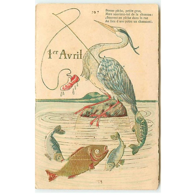 n°20469 - Carte Gaufrée - 1er Avril - Bonne pêche, petite grue ....  - Grue et poissons